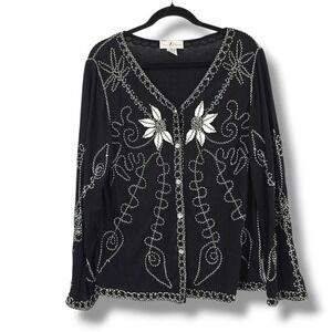 Once‎ Again Embroidered Button Front Long Sleeve V Neck Blouse Shirt Women XL